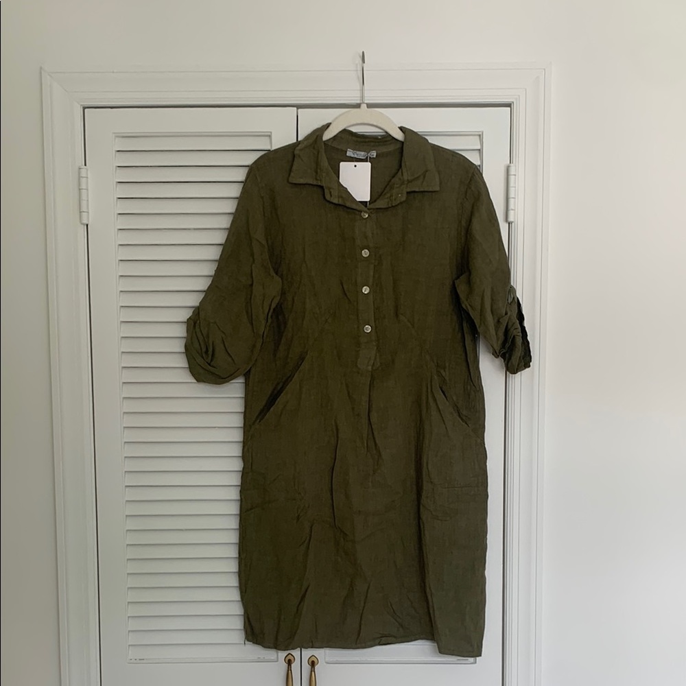 NWT Elena Baldi 100% linen Olive Green Linen Tunic Dress
